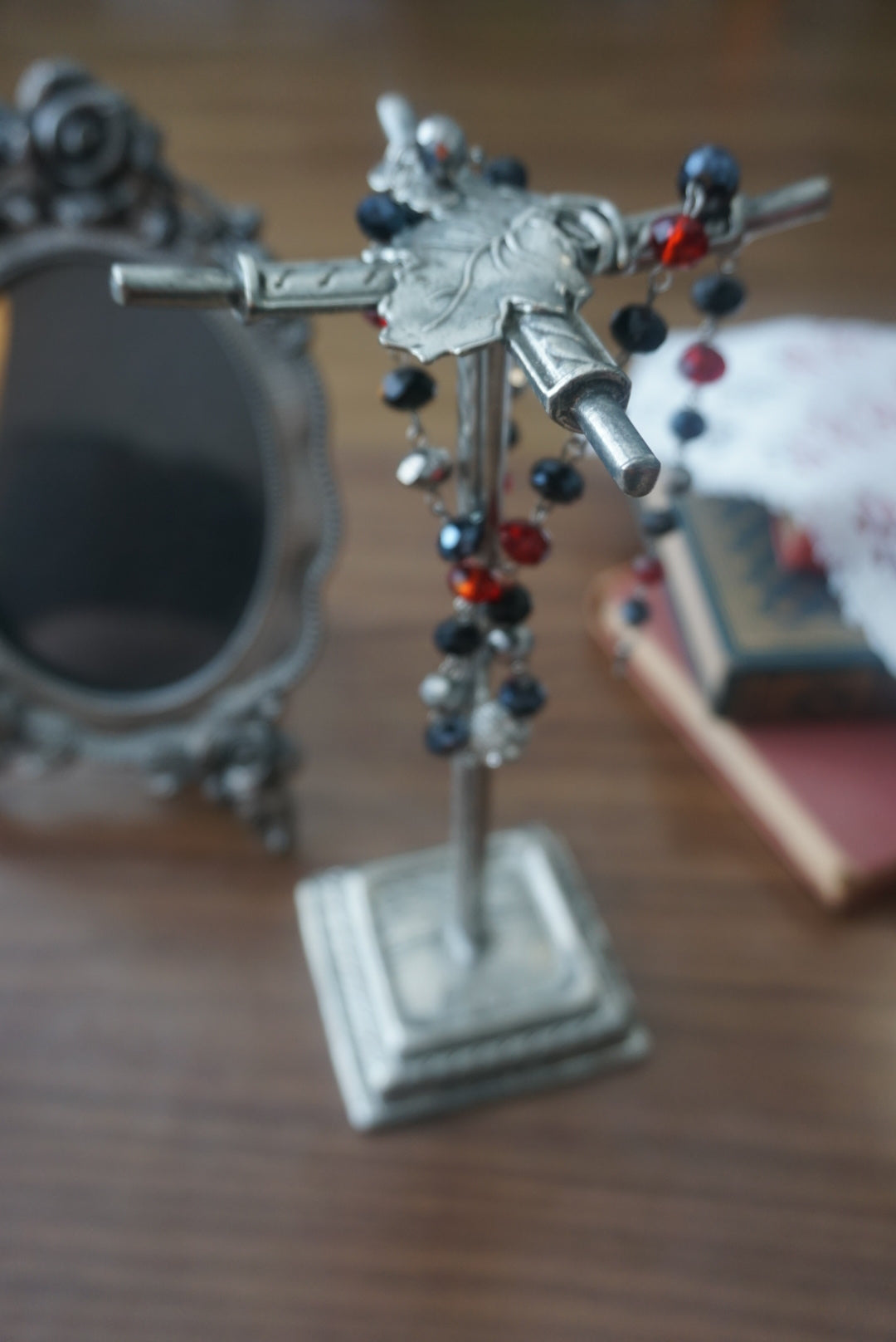 Beaded Necklace with Red, Black, and Silver Accents