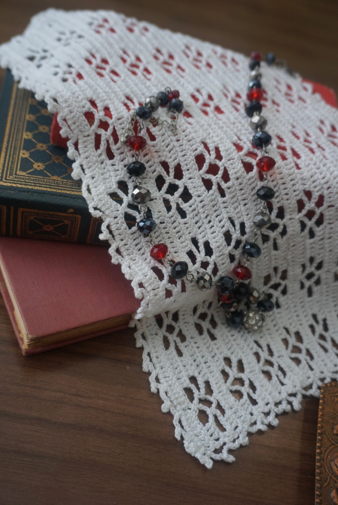 Beaded Necklace with Red, Black, and Silver Accents