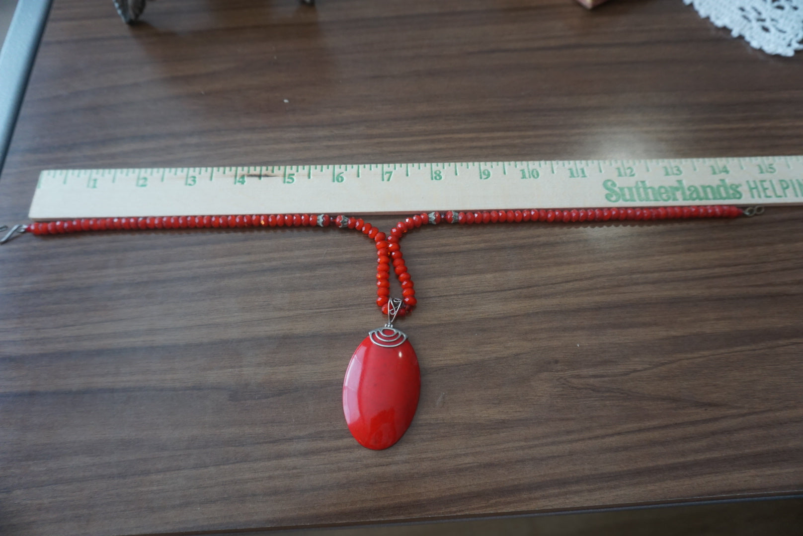 Red Beaded Necklace with Oval Pendant
