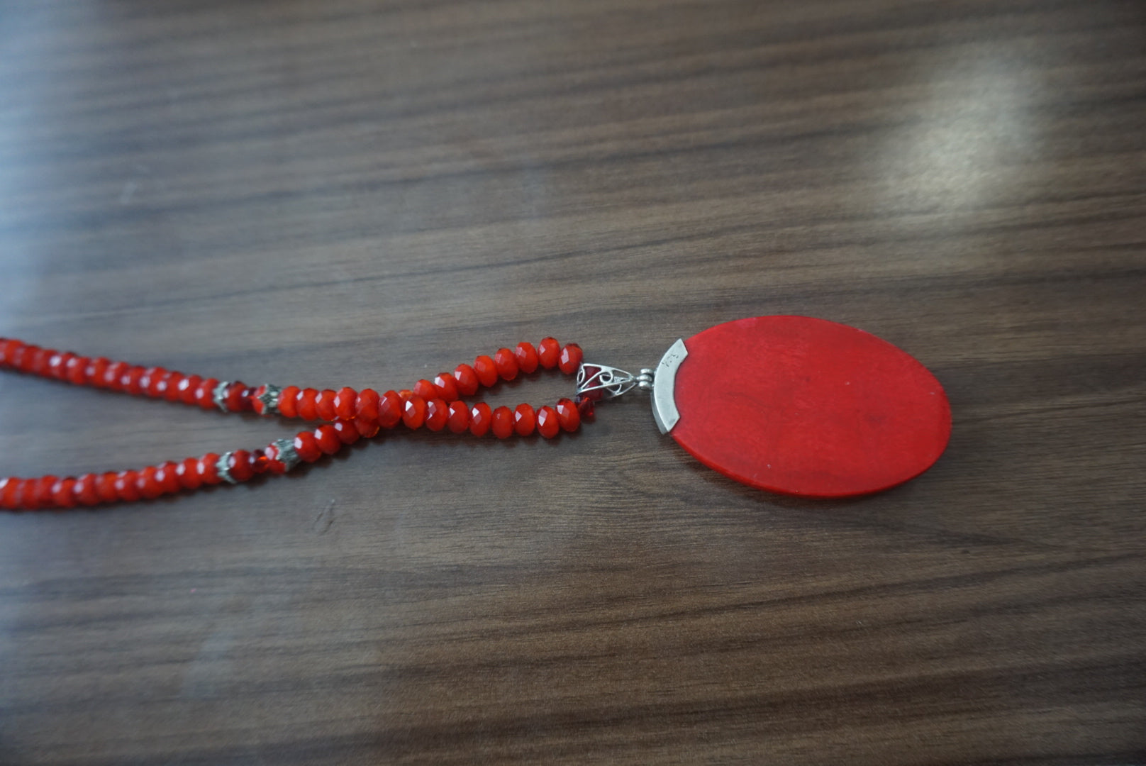 Red Beaded Necklace with Oval Pendant