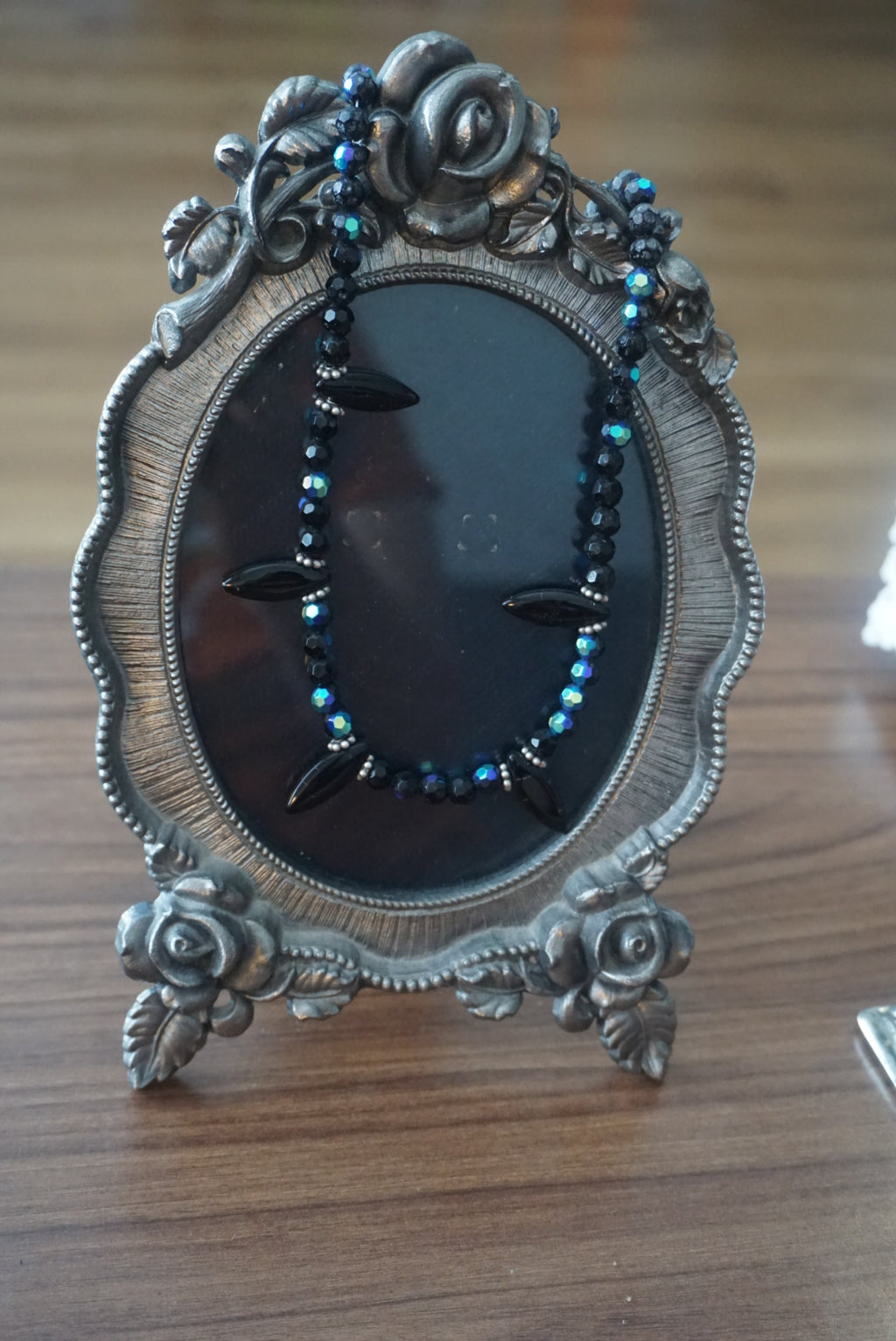 Black Beaded Necklace with Blue Accents