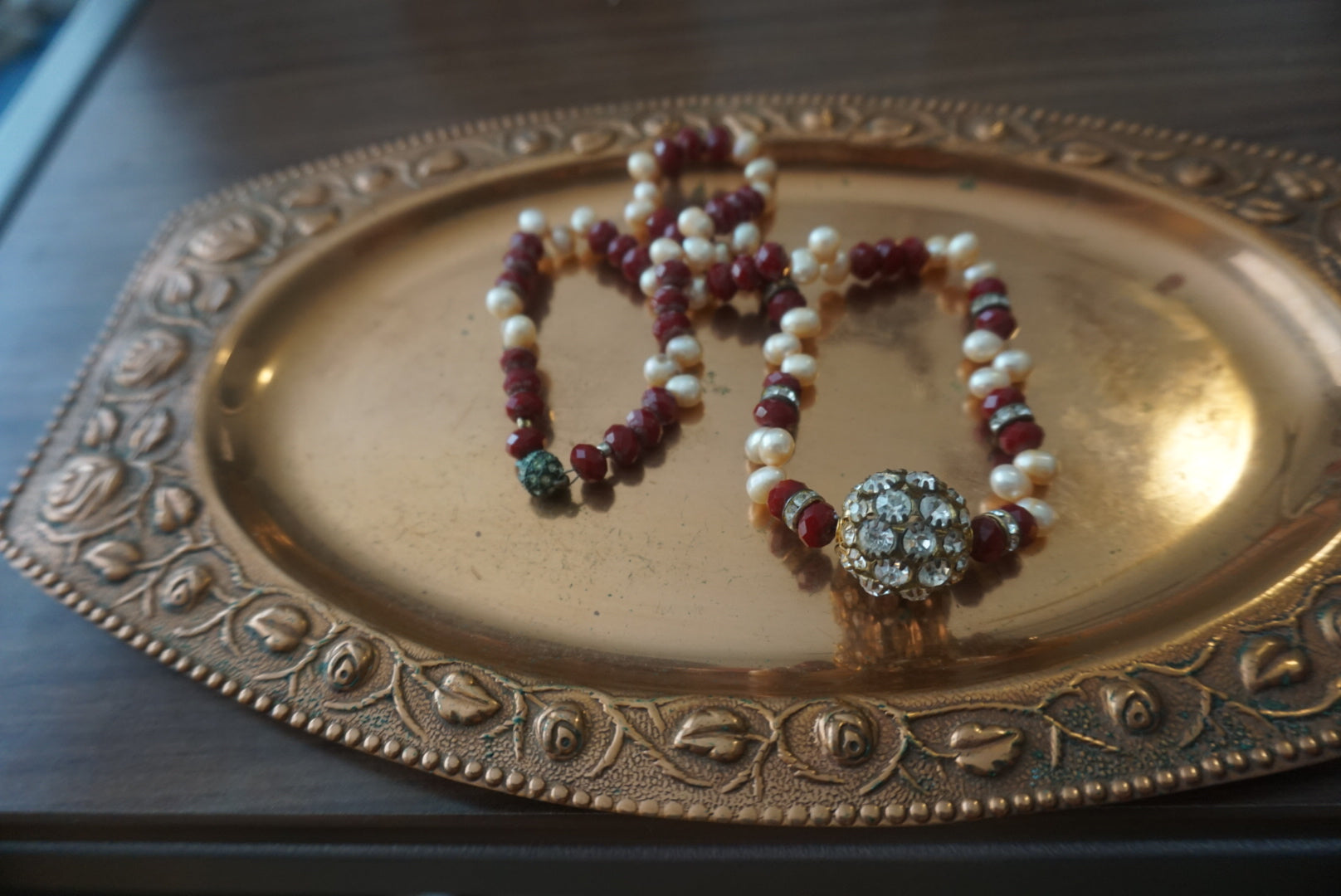 Vintage Beaded Necklace with Pearls and Rhinestone