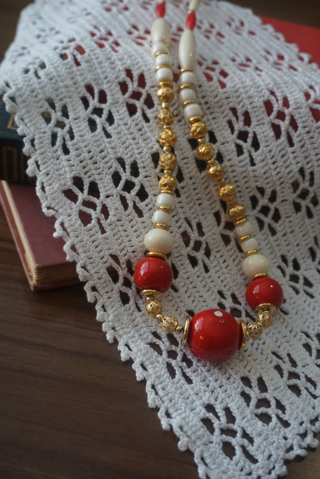 Red and White Beaded Necklace
