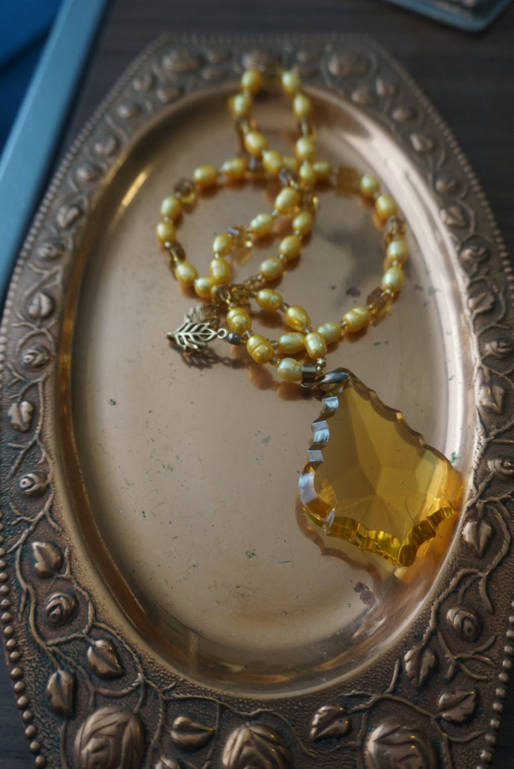 Vintage Yellow Beaded Necklace with Artisan Pendant