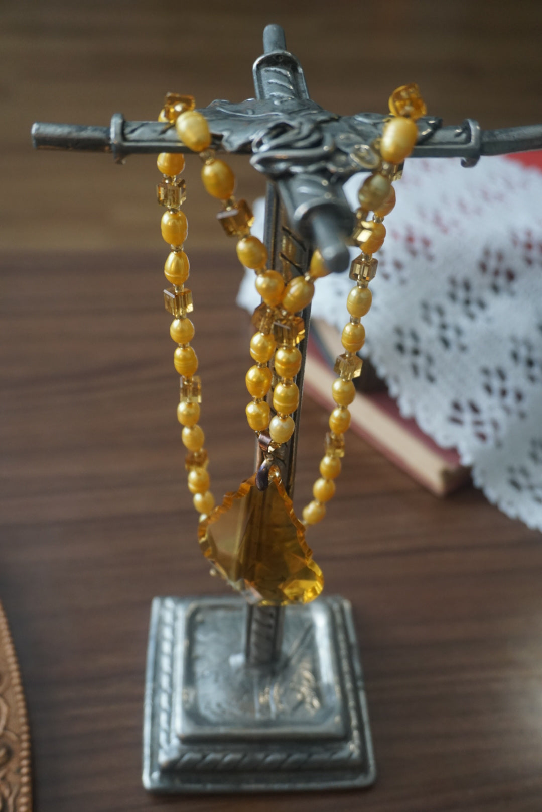 Vintage Yellow Beaded Necklace with Artisan Pendant