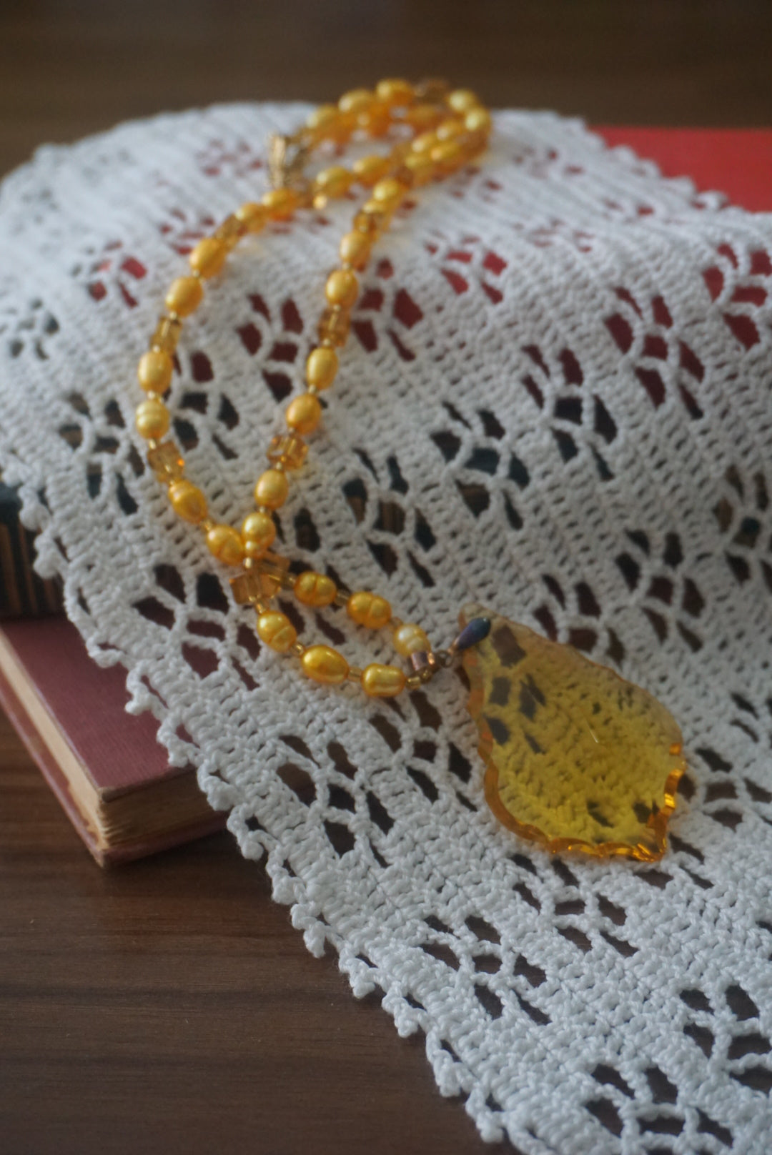 Vintage Yellow Beaded Necklace with Artisan Pendant