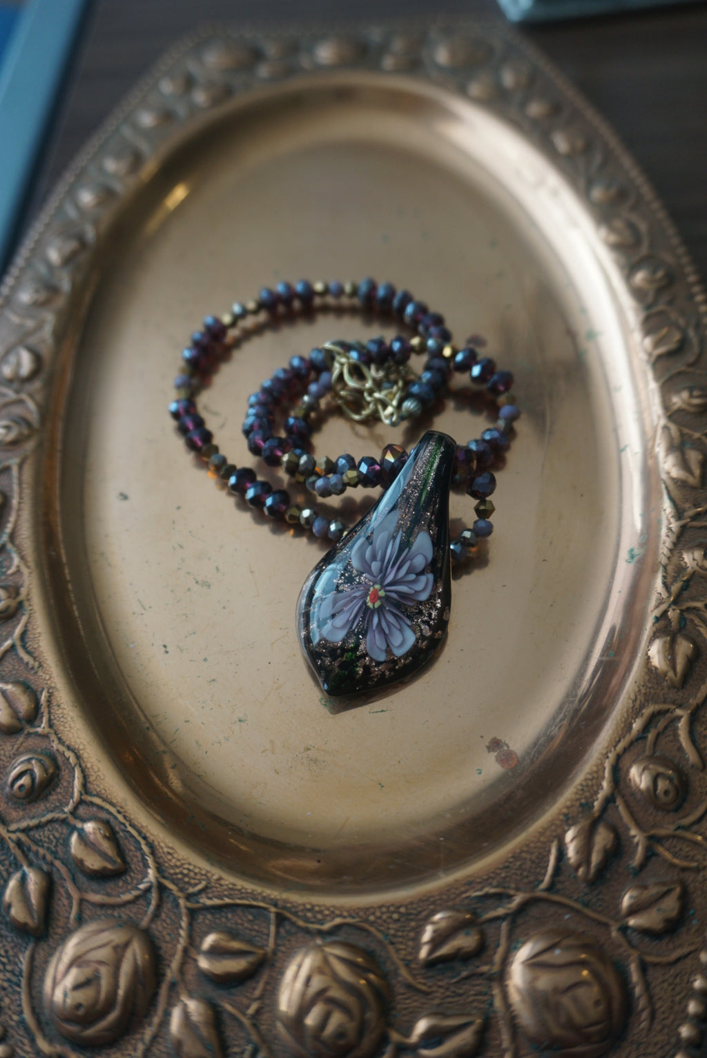 Black Beaded Necklace with Glass Pendant