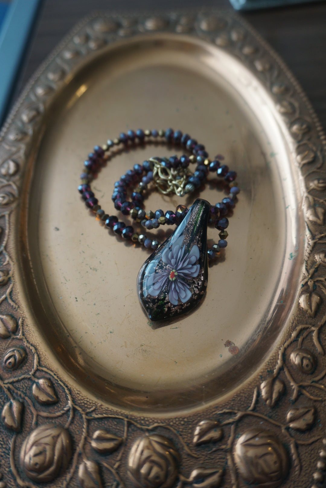 Black Beaded Necklace with Glass Pendant