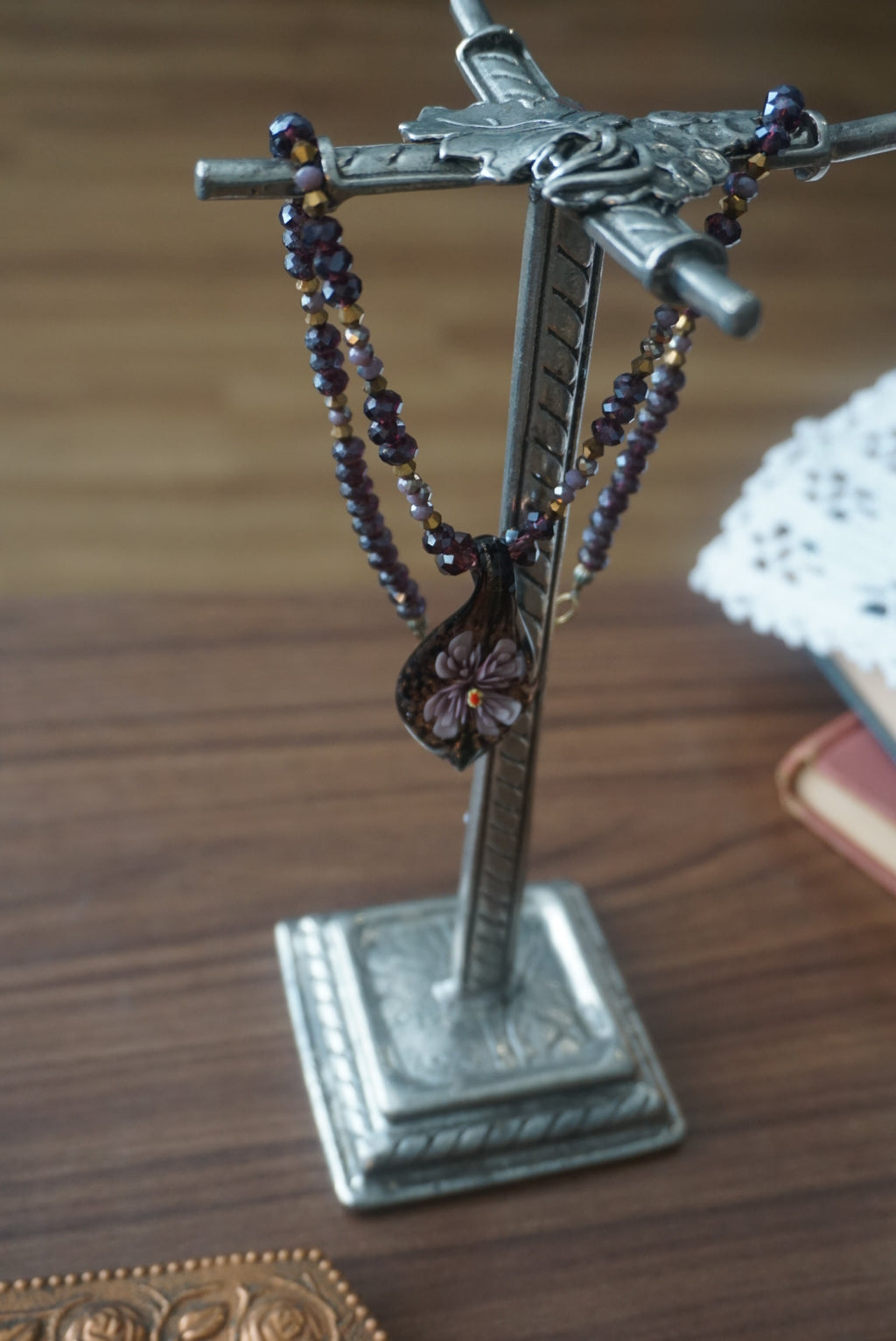 Black Beaded Necklace with Glass Pendant