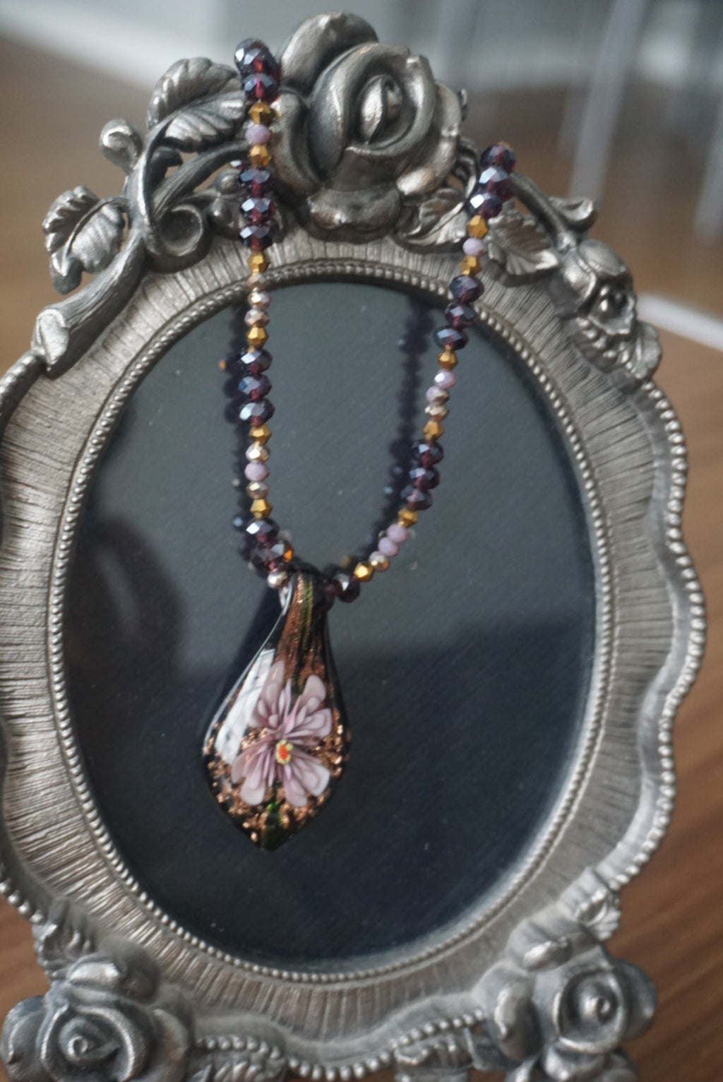 Black Beaded Necklace with Glass Pendant