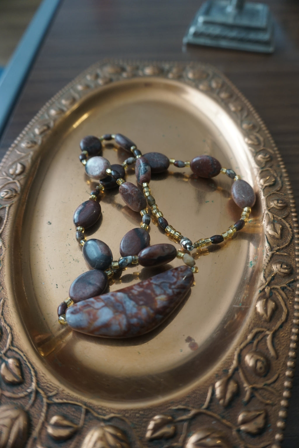 Brown Beaded Necklace with Stone Pendant
