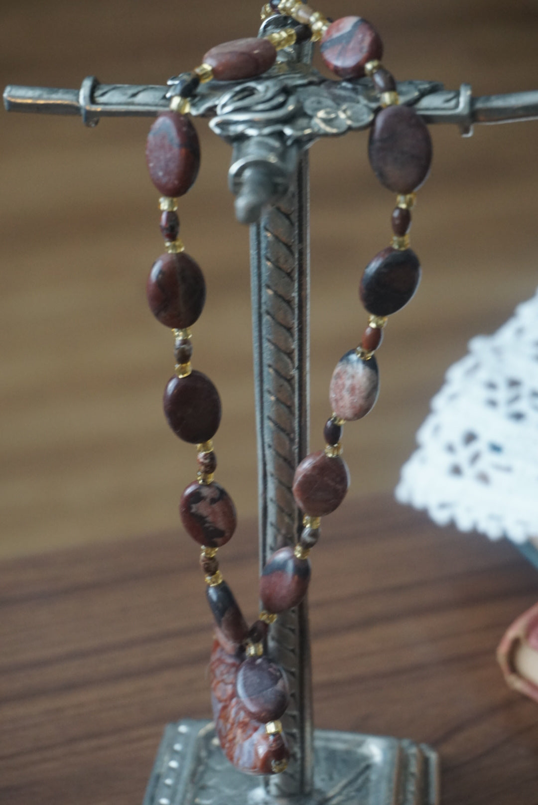 Brown Beaded Necklace with Stone Pendant