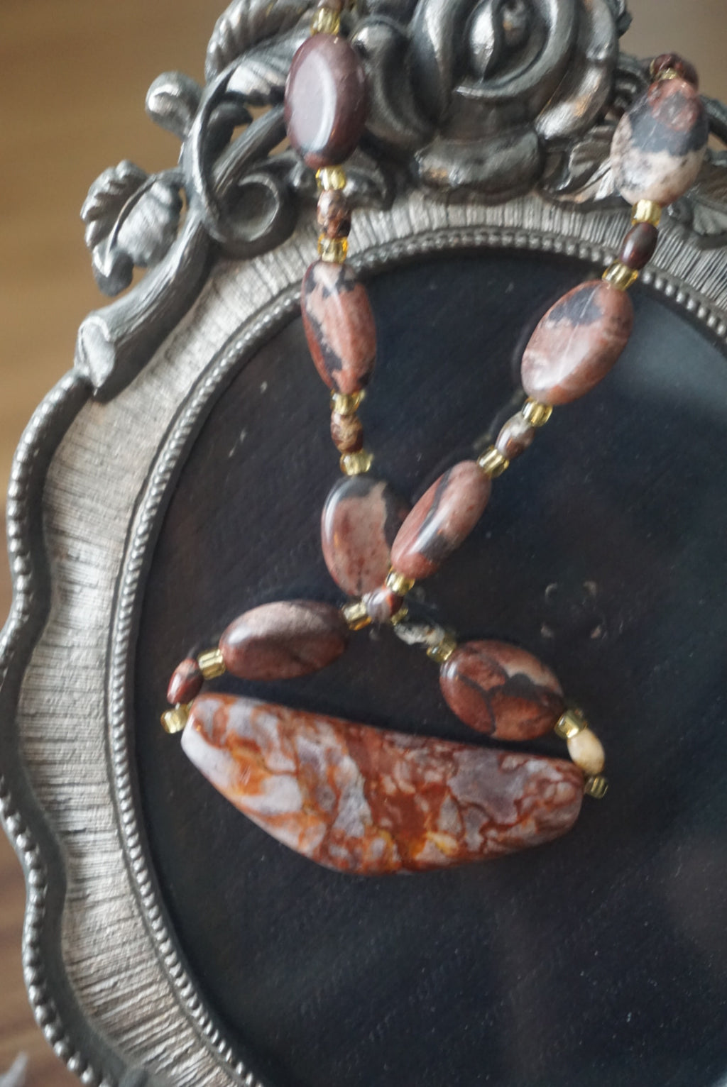 Brown Beaded Necklace with Stone Pendant
