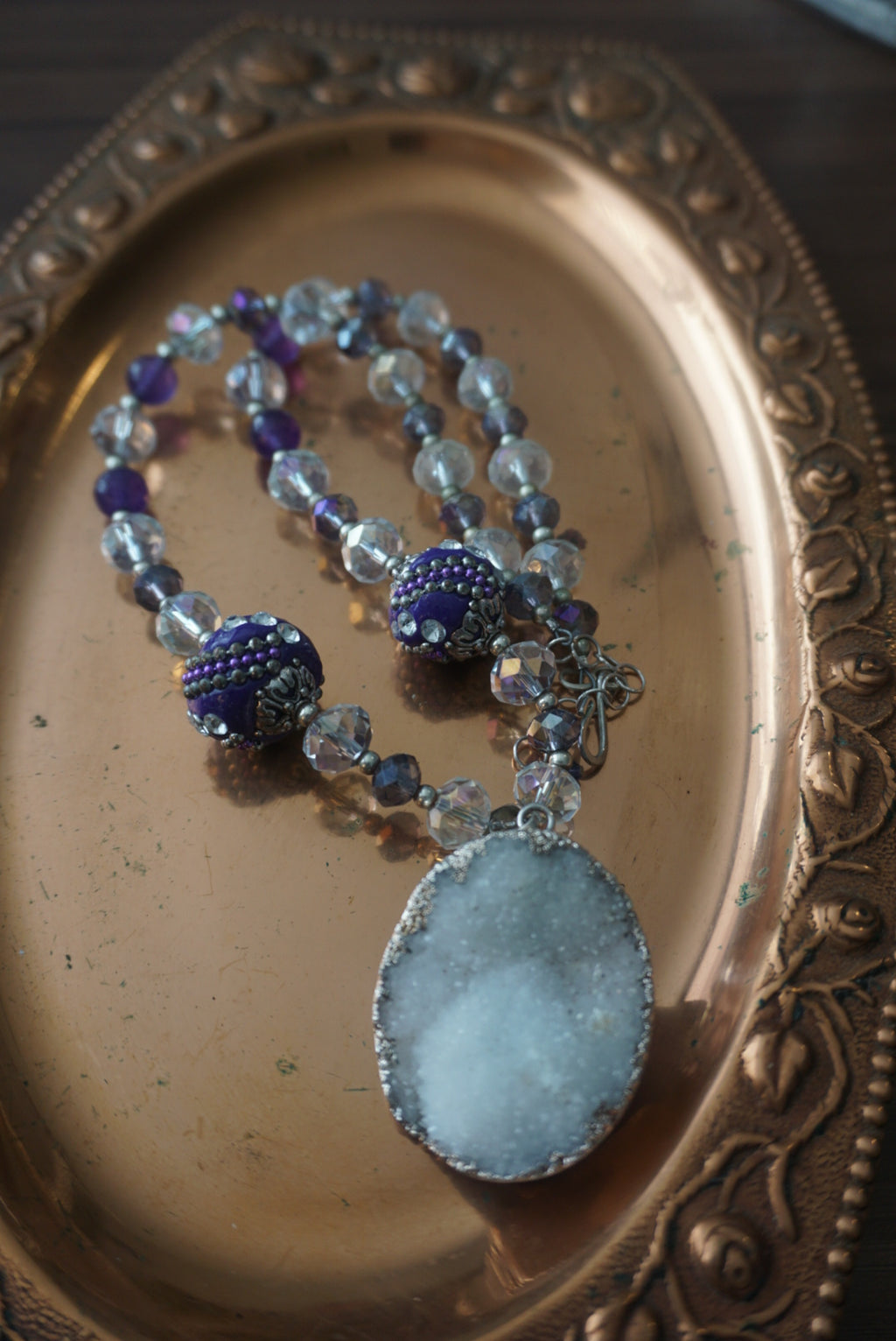Purple and Silver Beaded Necklace with Agate Pendant