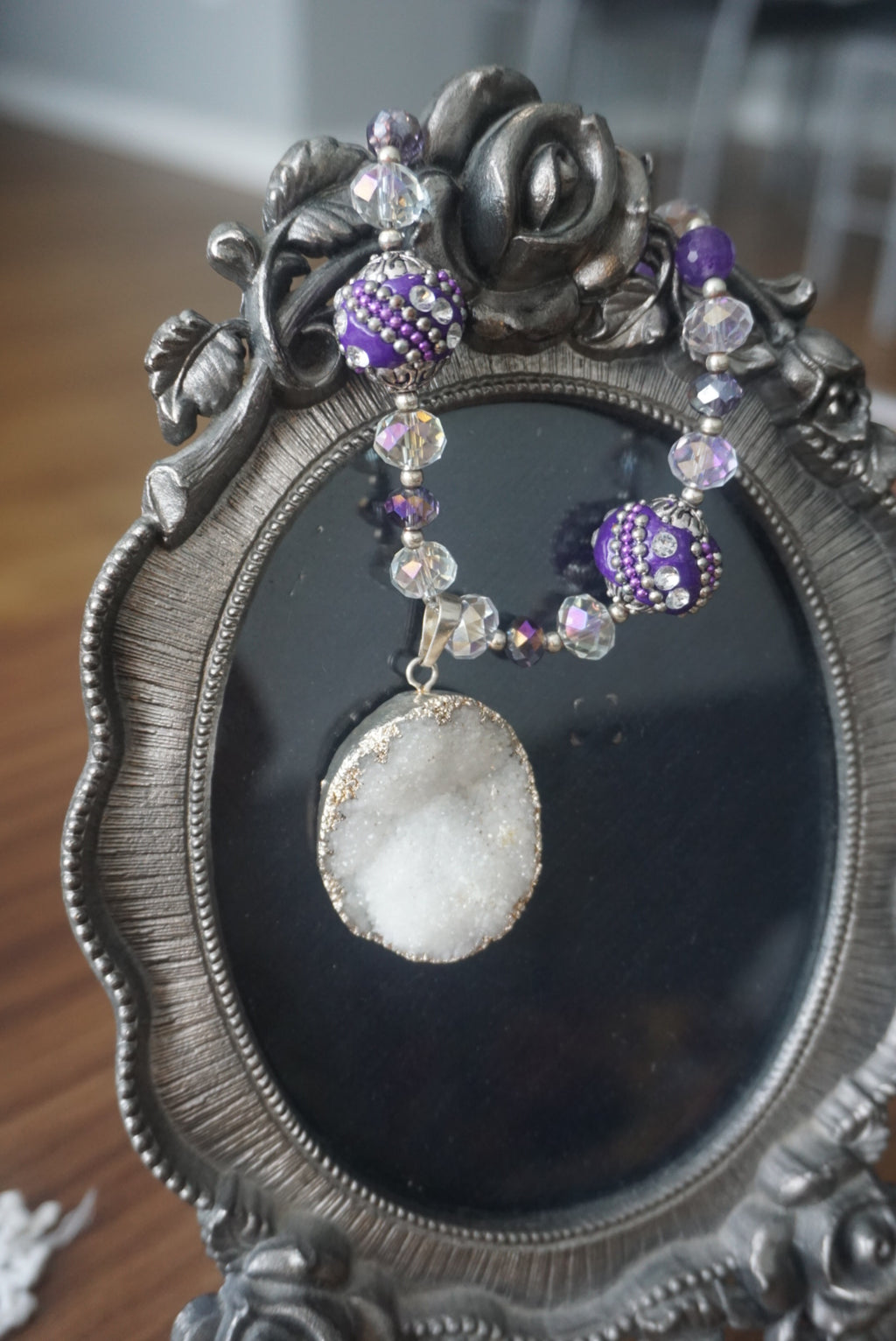 Purple and Silver Beaded Necklace with Agate Pendant
