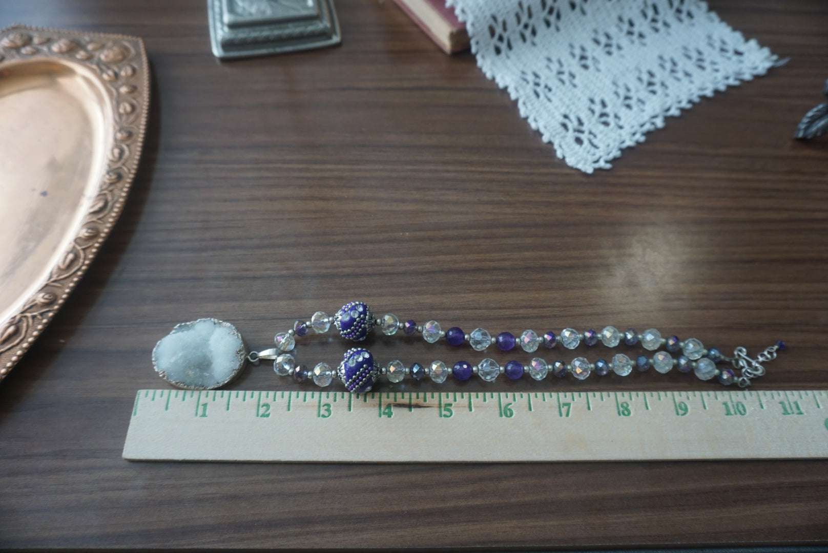 Purple and Silver Beaded Necklace with Agate Pendant