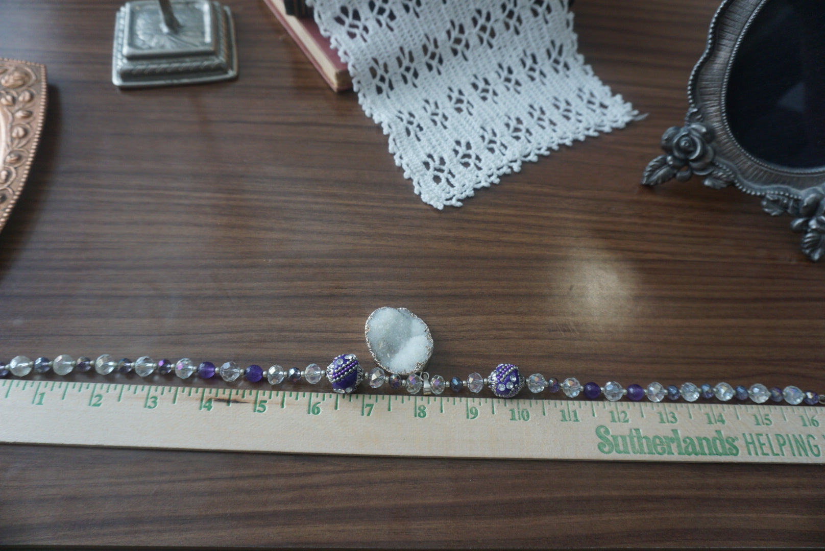 Purple and Silver Beaded Necklace with Agate Pendant