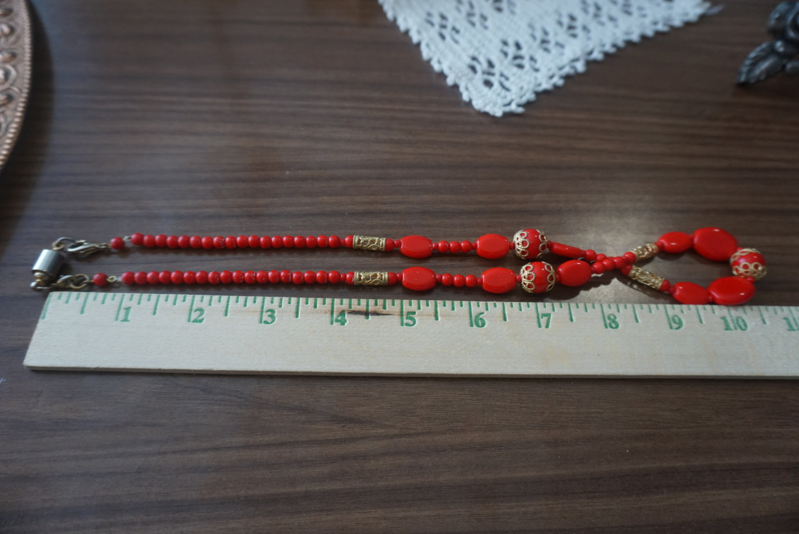 Elegant Red Beaded Necklace with Gold Accents