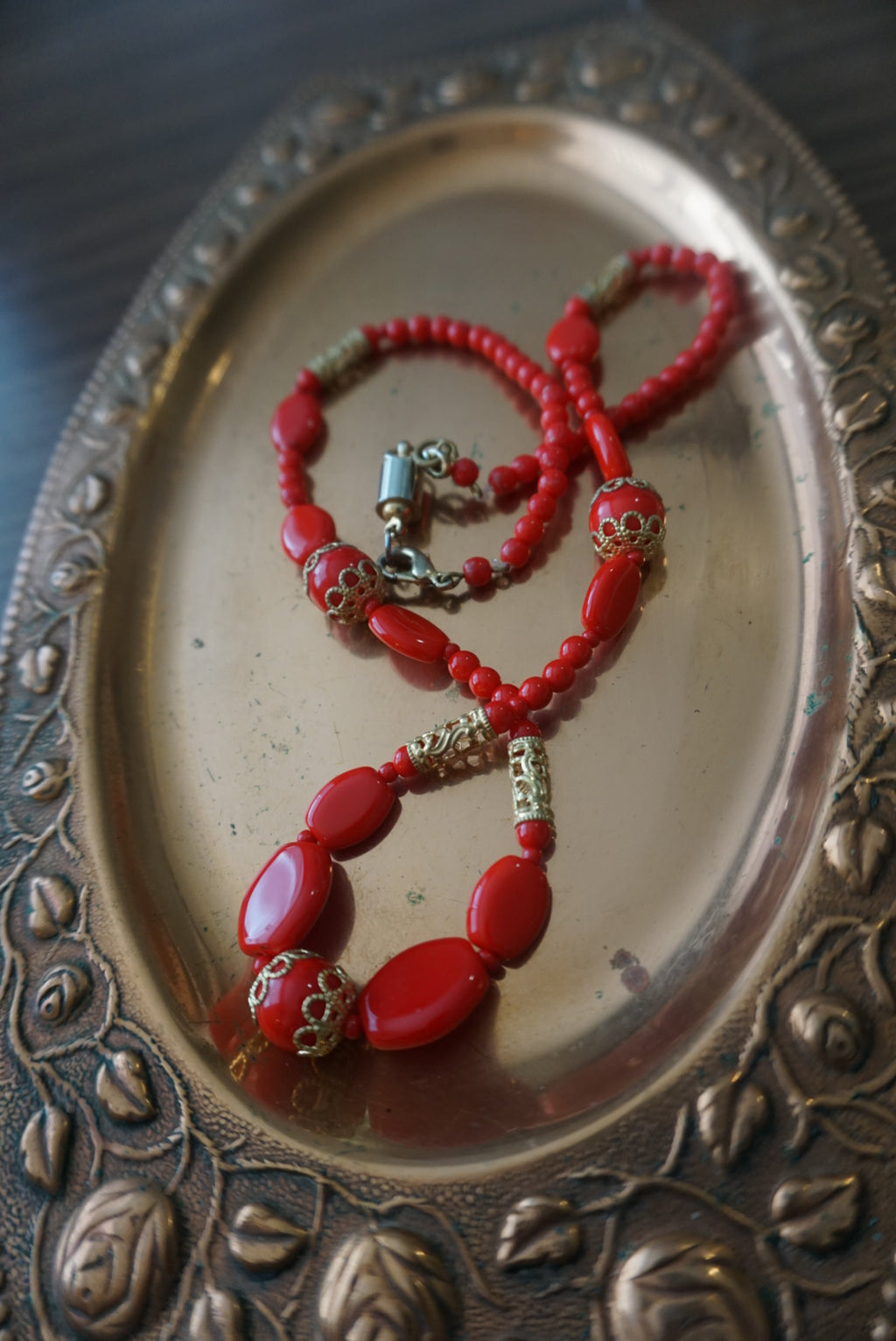 Elegant Red Beaded Necklace with Gold Accents
