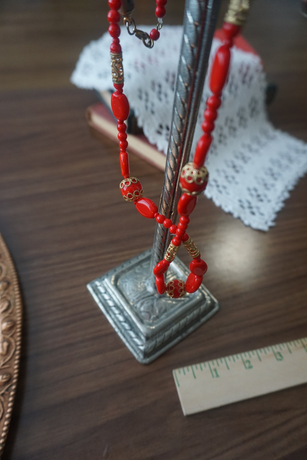 Elegant Red Beaded Necklace with Gold Accents