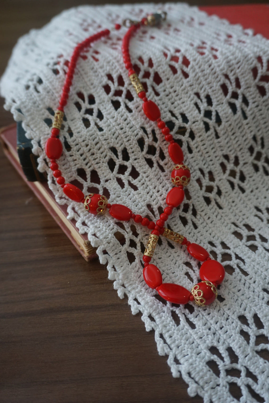 Elegant Red Beaded Necklace with Gold Accents