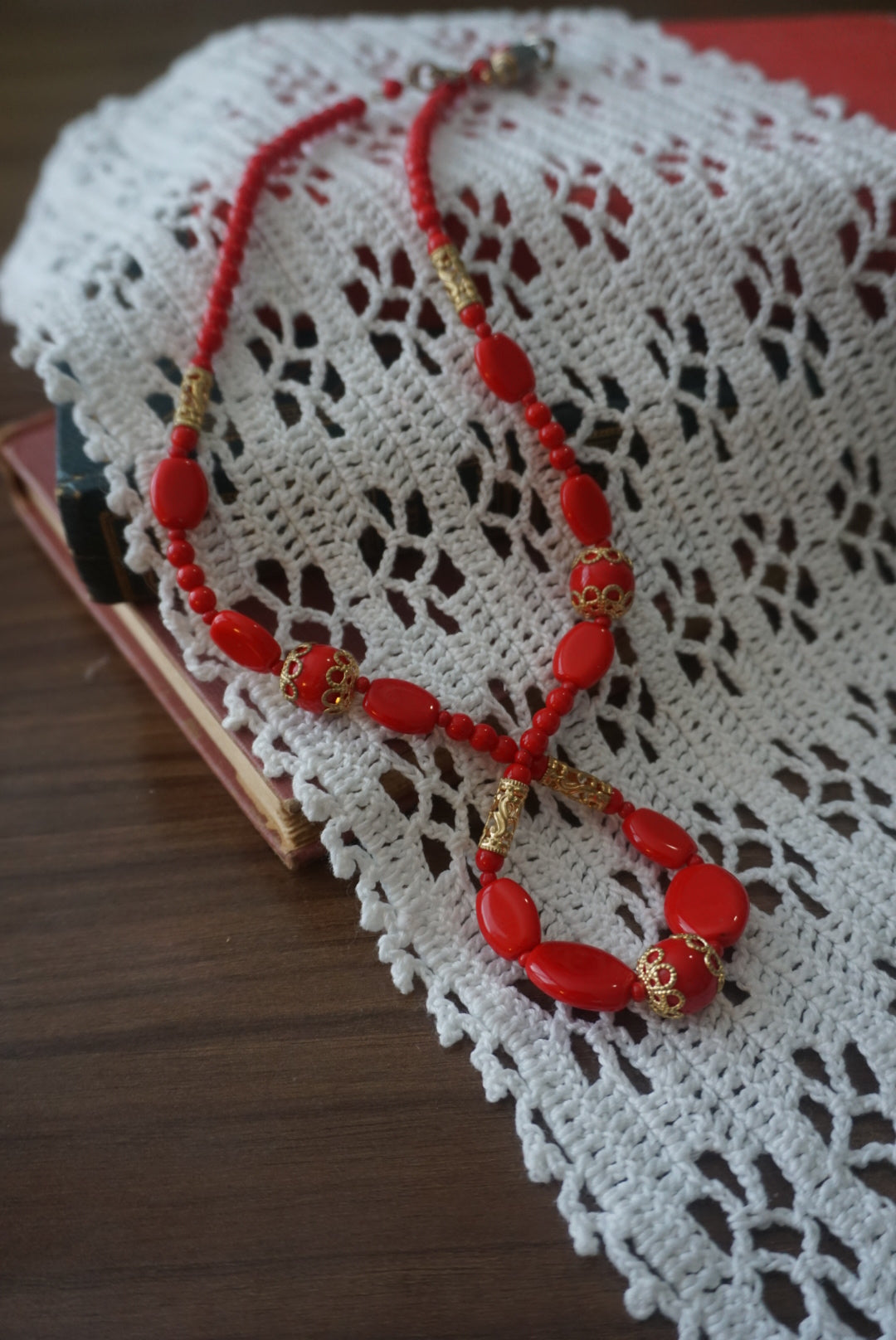 Elegant Red Beaded Necklace with Gold Accents