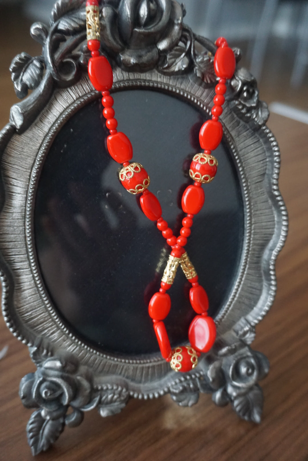 Elegant Red Beaded Necklace with Gold Accents