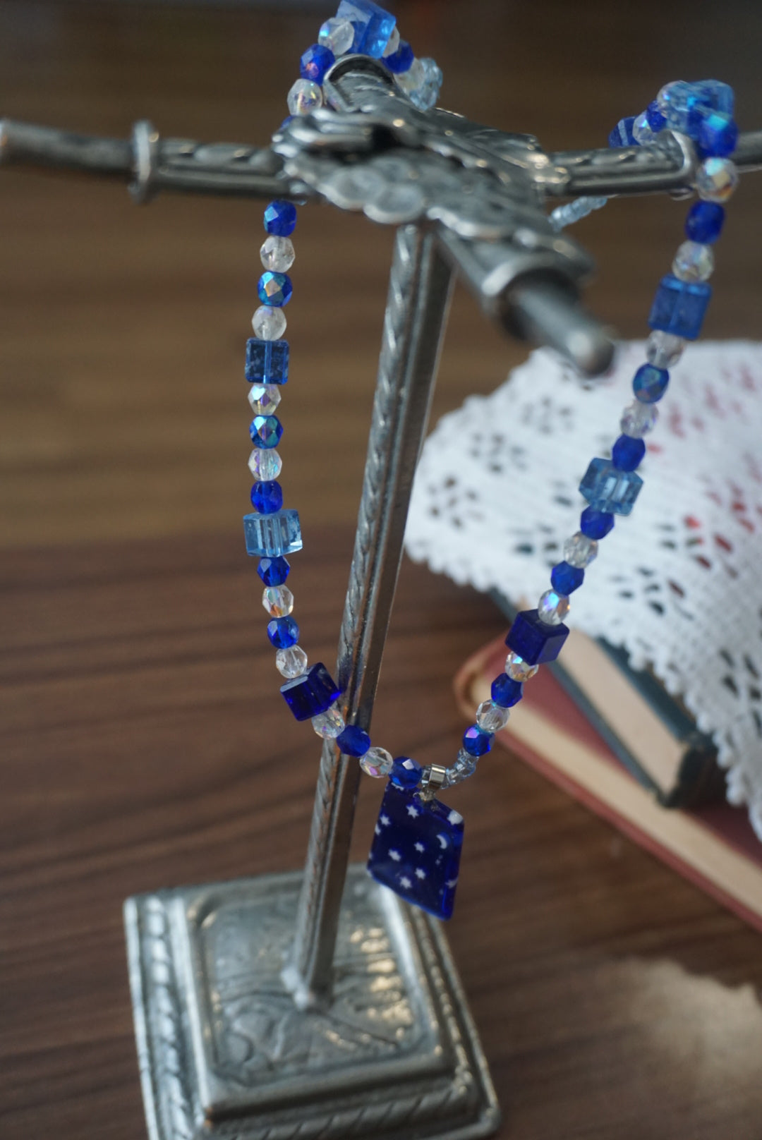 Blue Beaded Necklace with Star and Moon Pendant