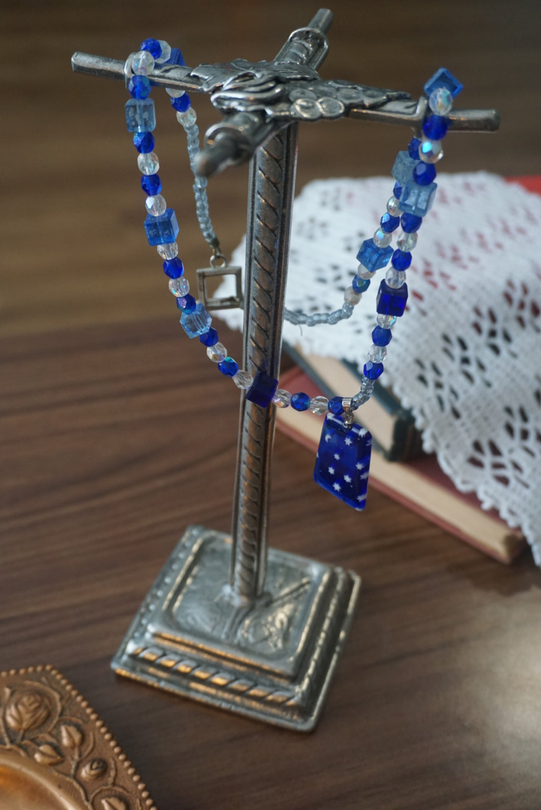 Blue Beaded Necklace with Star and Moon Pendant