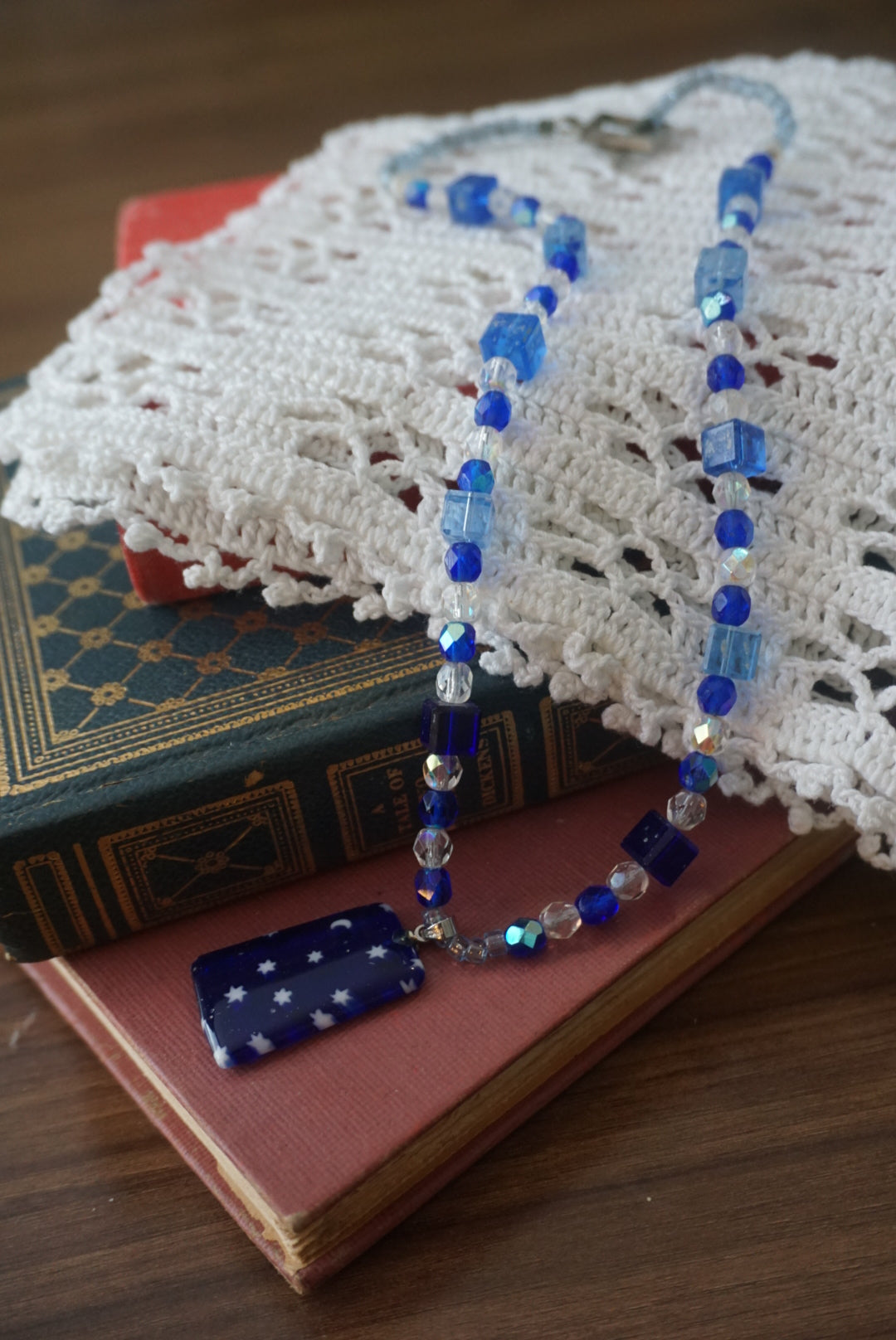 Blue Beaded Necklace with Star and Moon Pendant