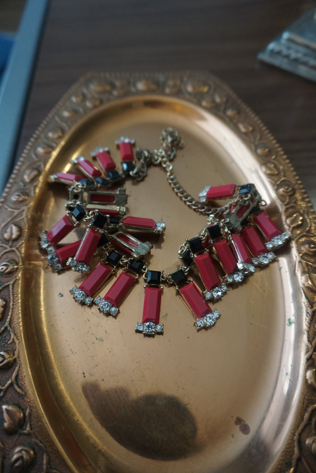 Vintage Statement Necklace with Red and Black Accents