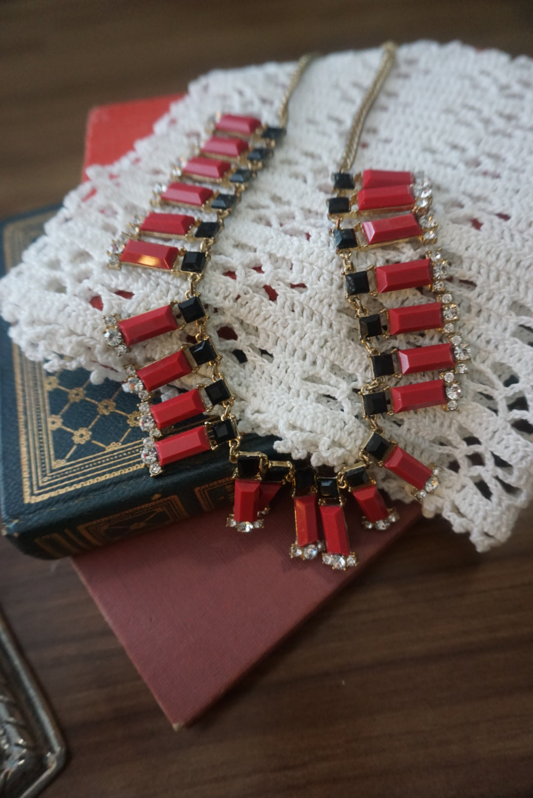 Vintage Statement Necklace with Red and Black Accents