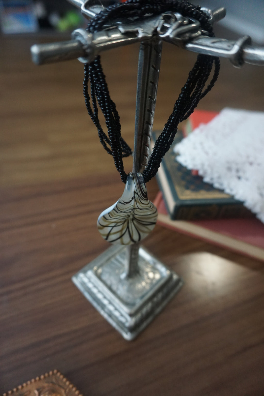 Black Beaded Necklace with Teardrop Pendant