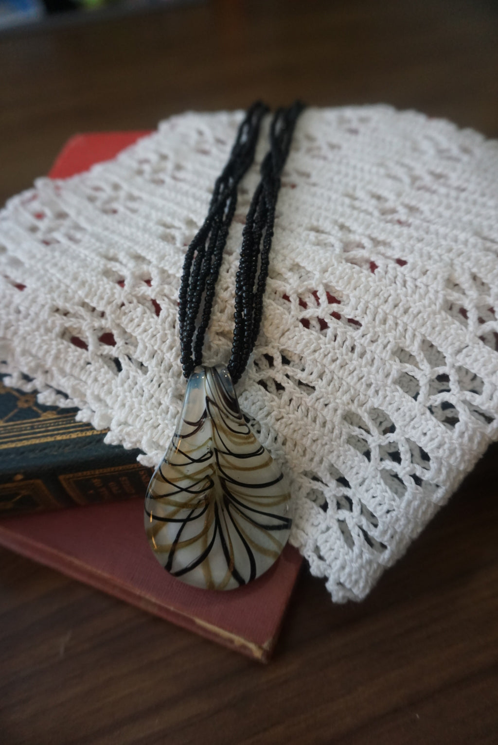 Black Beaded Necklace with Teardrop Pendant