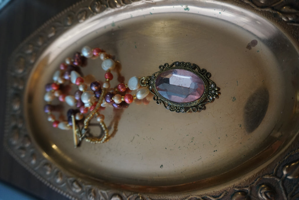 Vintage Beaded Necklace with Pink Pendant