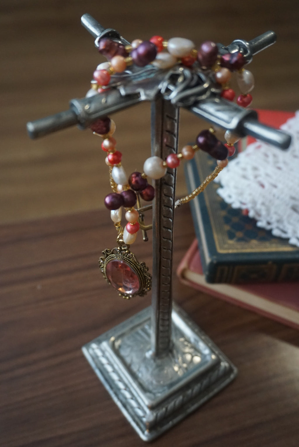Vintage Beaded Necklace with Pink Pendant