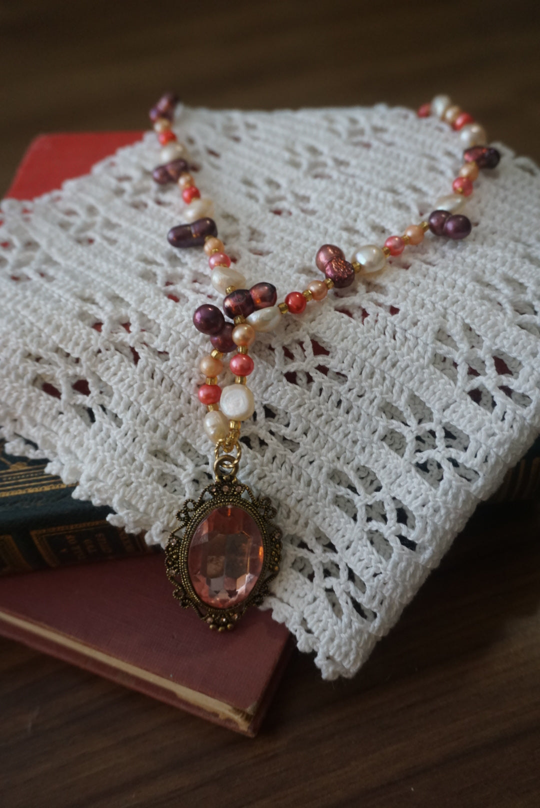 Vintage Beaded Necklace with Pink Pendant