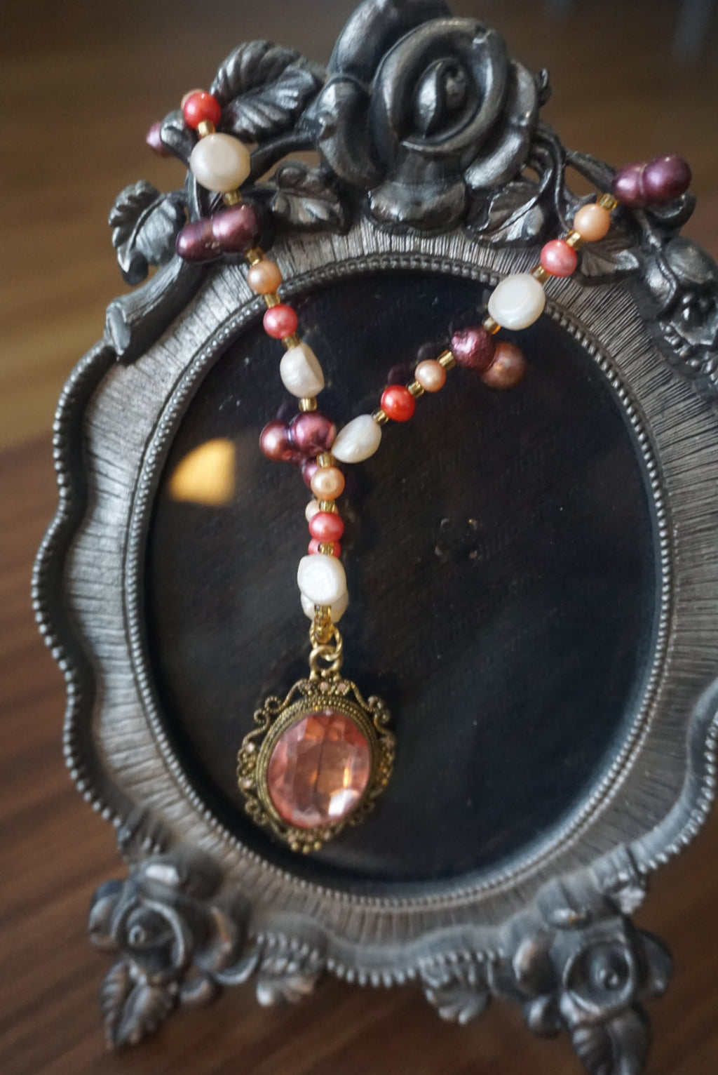 Vintage Beaded Necklace with Pink Pendant