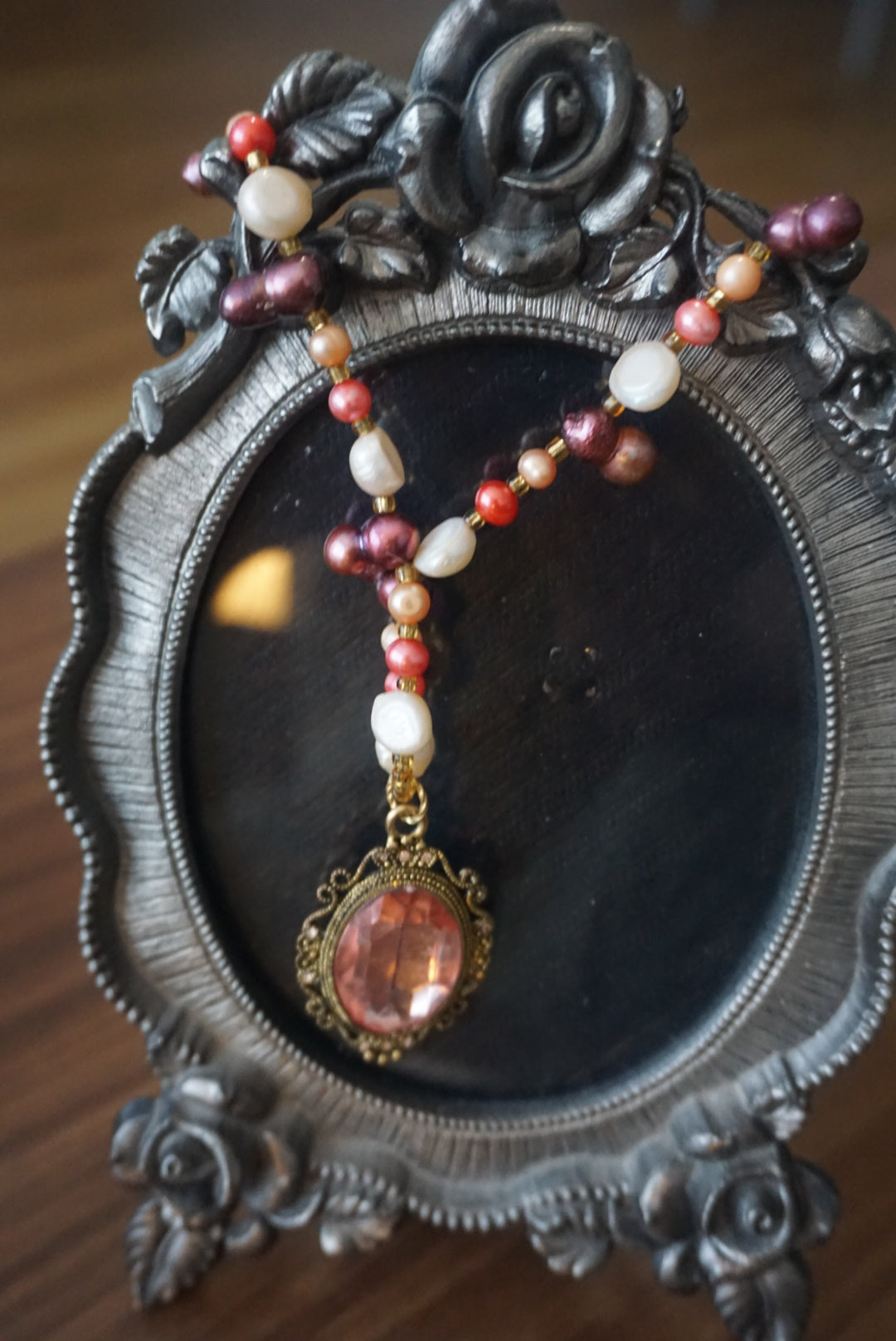 Vintage Beaded Necklace with Pink Pendant