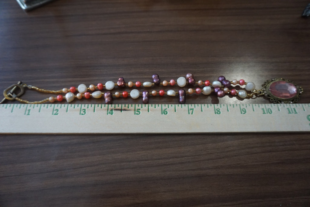 Vintage Beaded Necklace with Pink Pendant