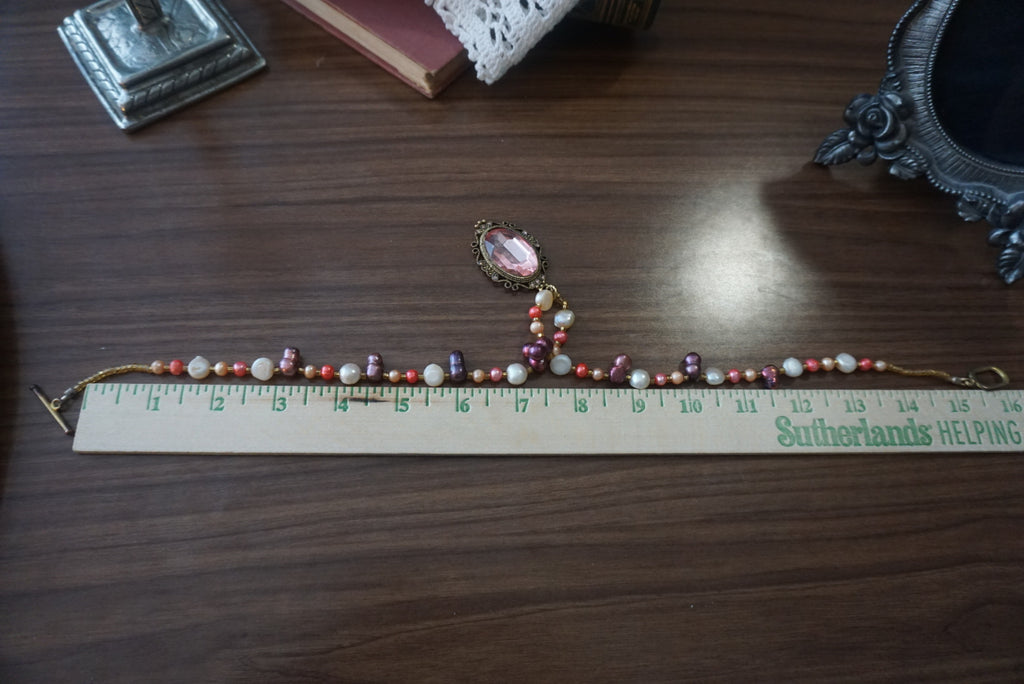 Vintage Beaded Necklace with Pink Pendant