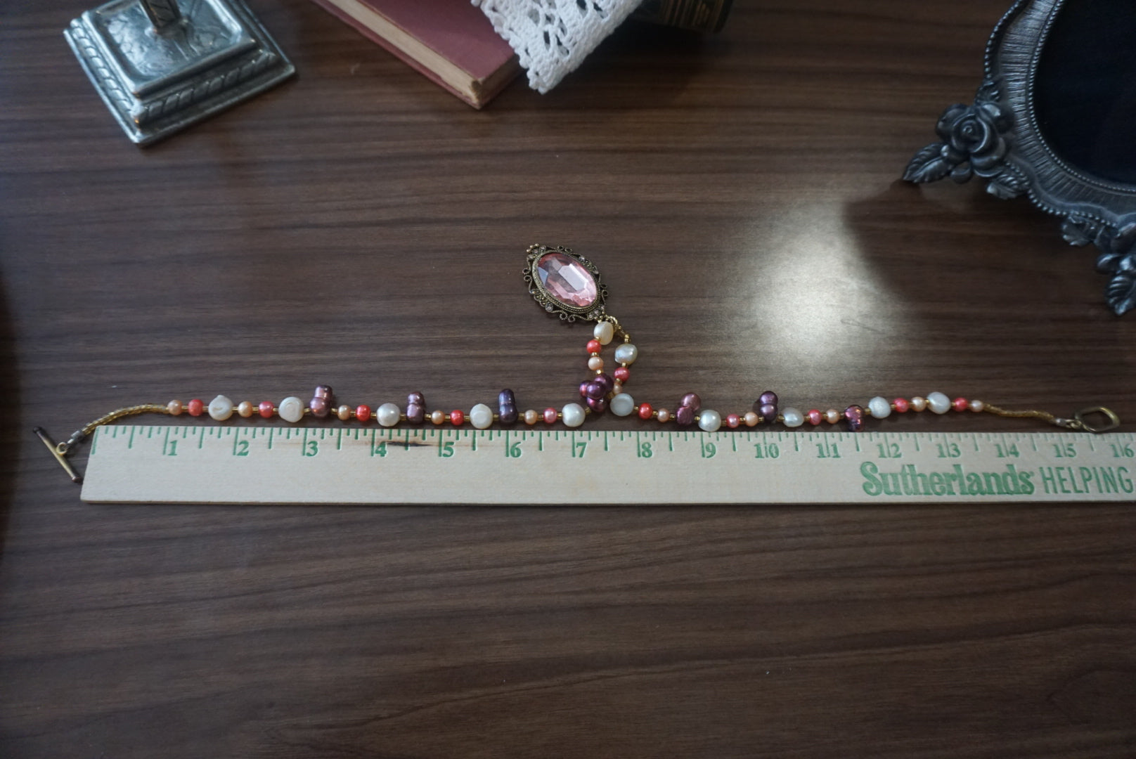 Vintage Beaded Necklace with Pink Pendant