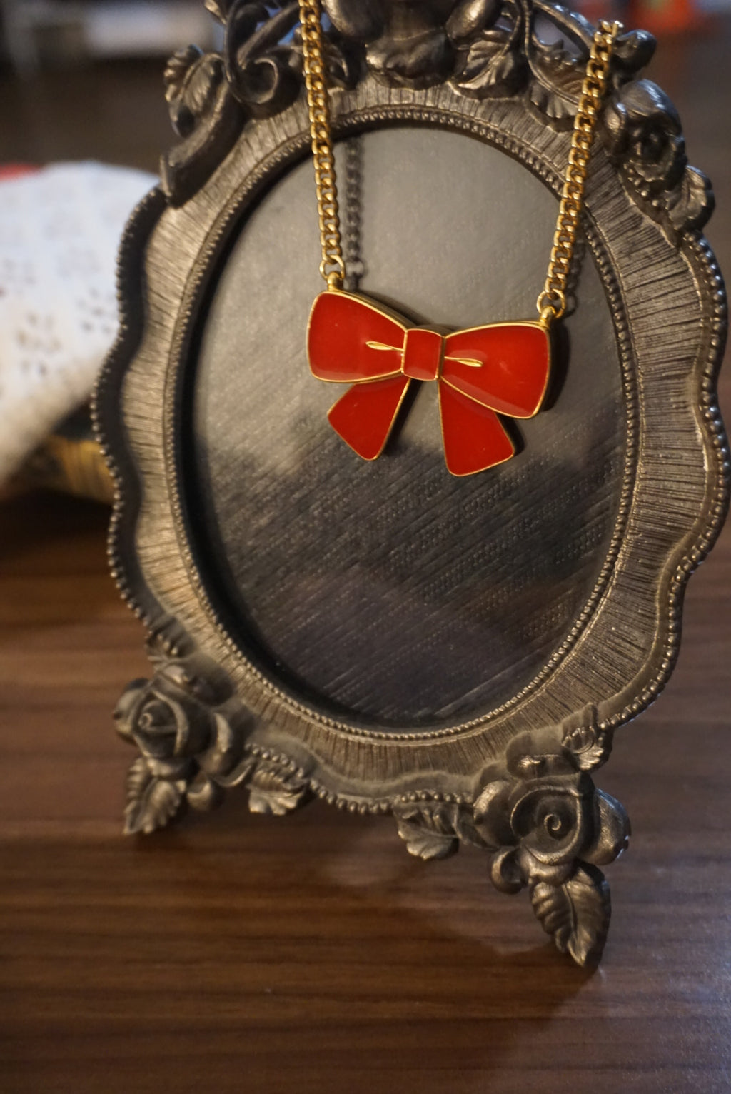 Gold Chain Necklace with Red Bow Pendant