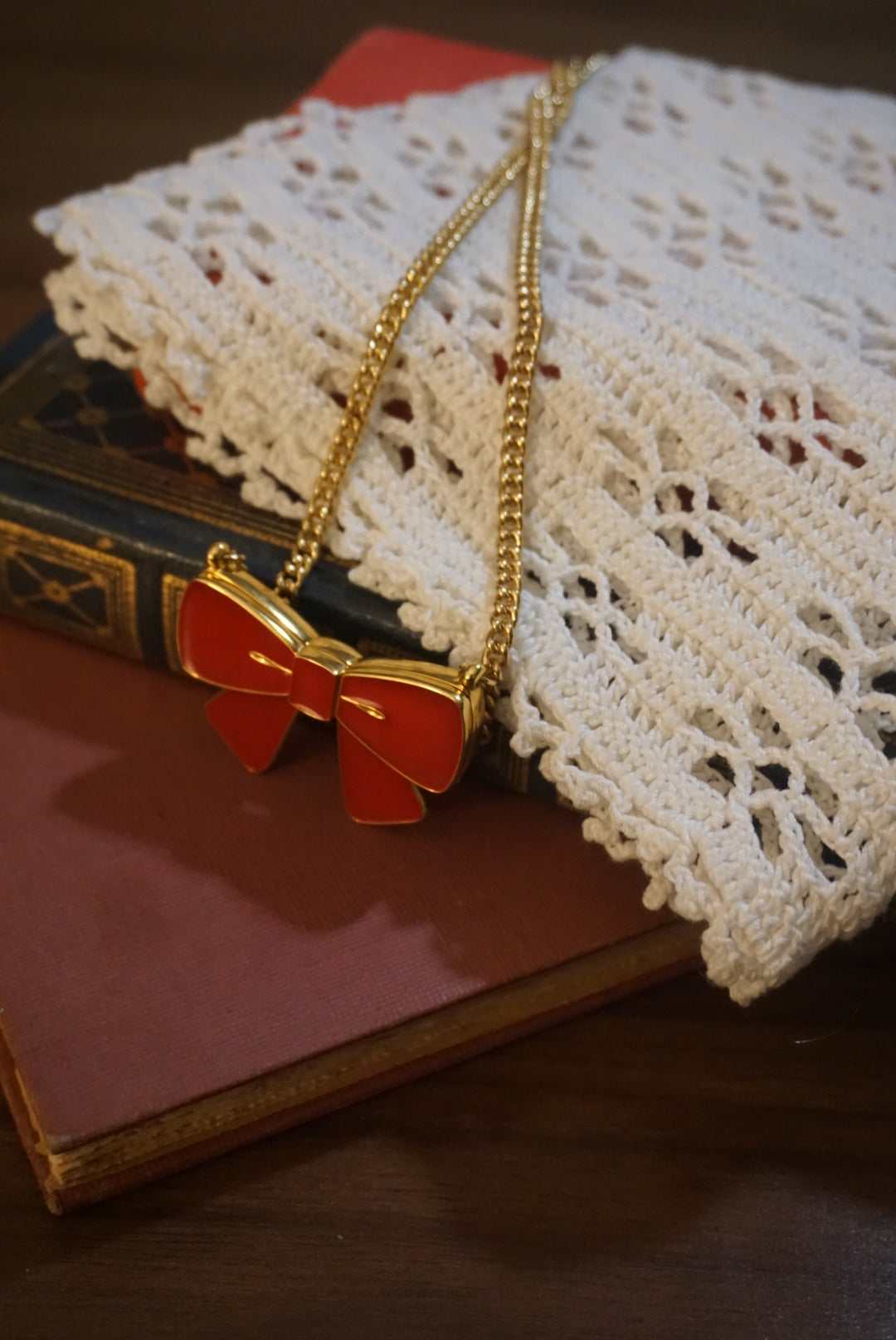 Gold Chain Necklace with Red Bow Pendant