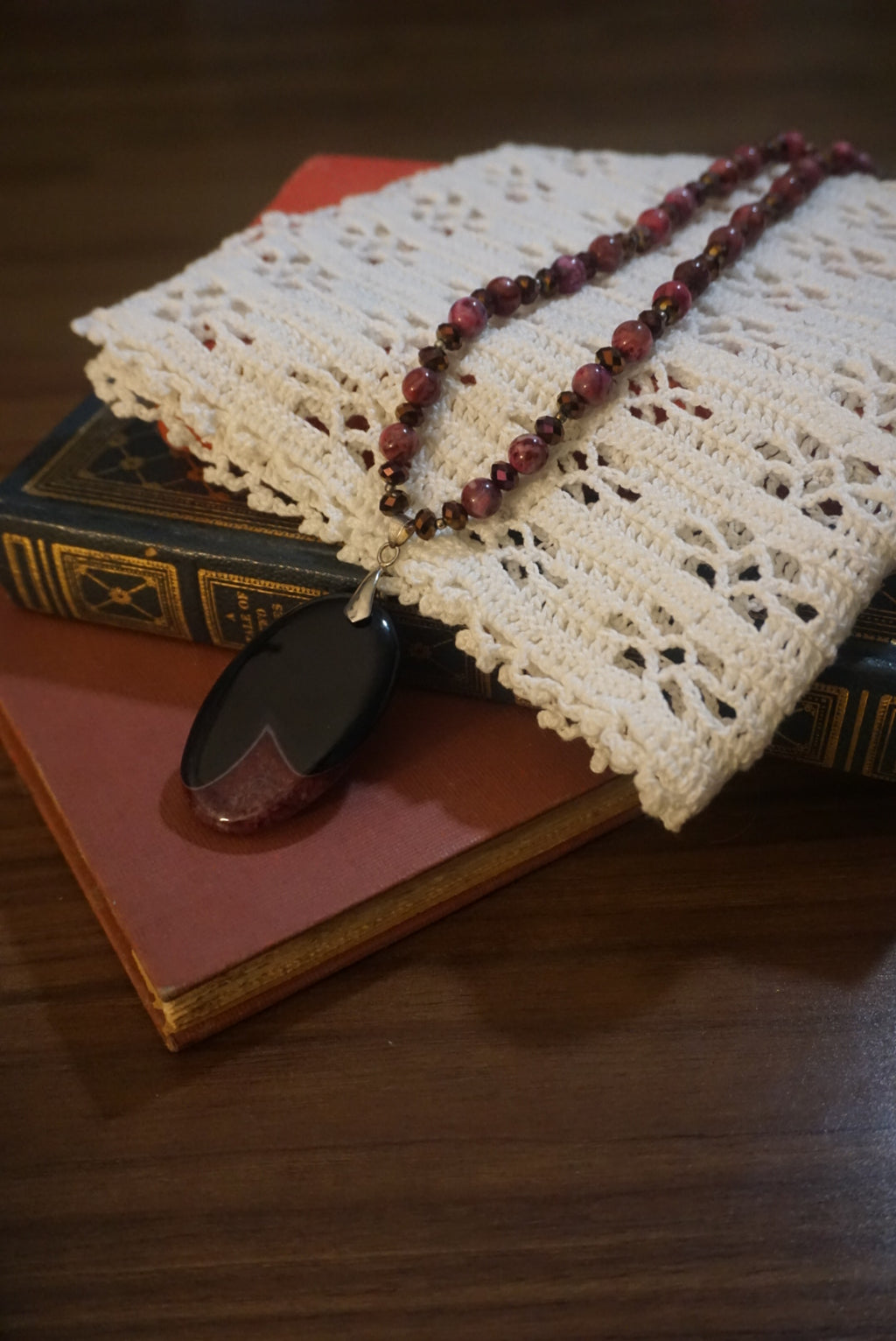 Handcrafted Beaded Necklace with Black Pendant