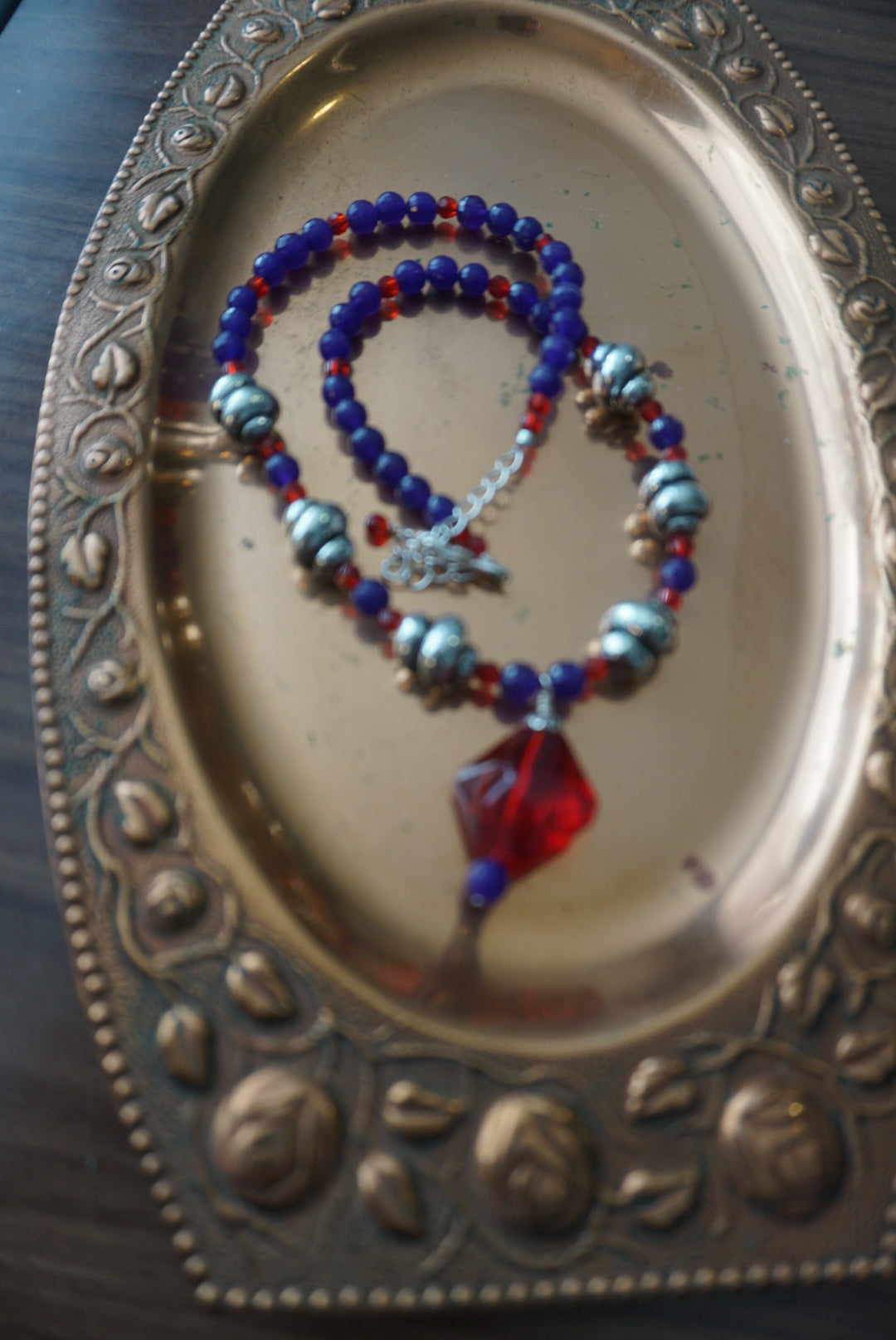 Colorful Beaded Necklace with Red Pendant