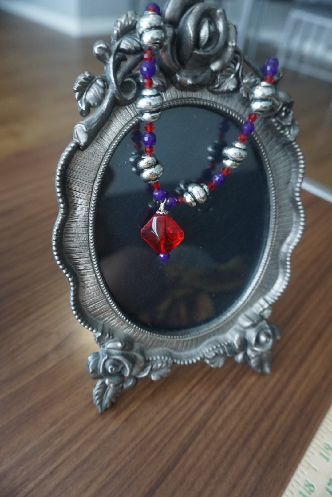 Colorful Beaded Necklace with Red Pendant