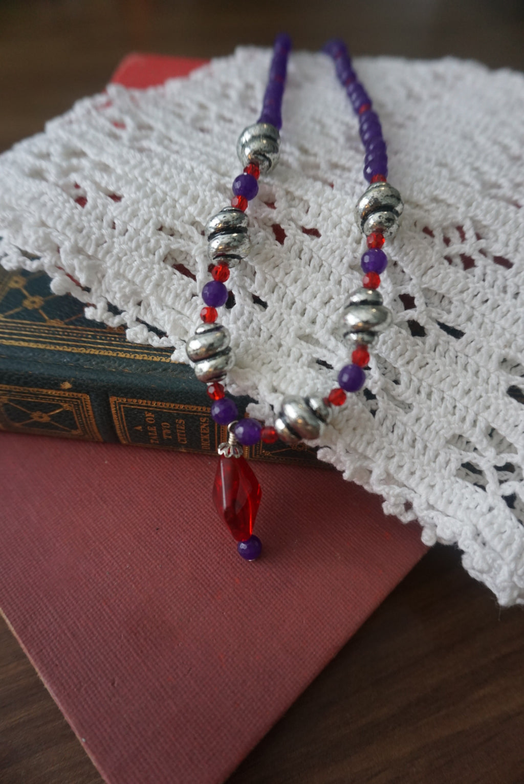Colorful Beaded Necklace with Red Pendant