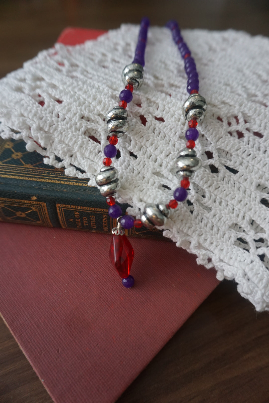 Colorful Beaded Necklace with Red Pendant