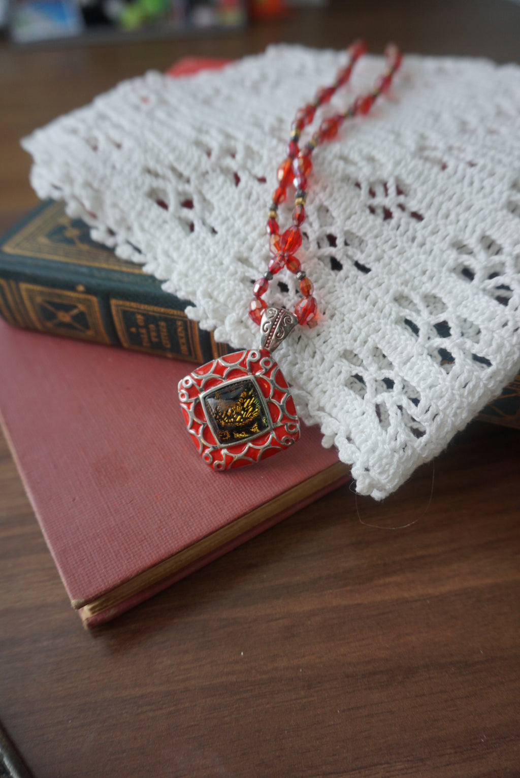 Red Beaded Pendant Necklace